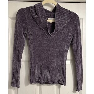 2000s Purple Velour Top V Neck Ribbed Trim Fitted 90s Y2K‎ Sweater Shimmer